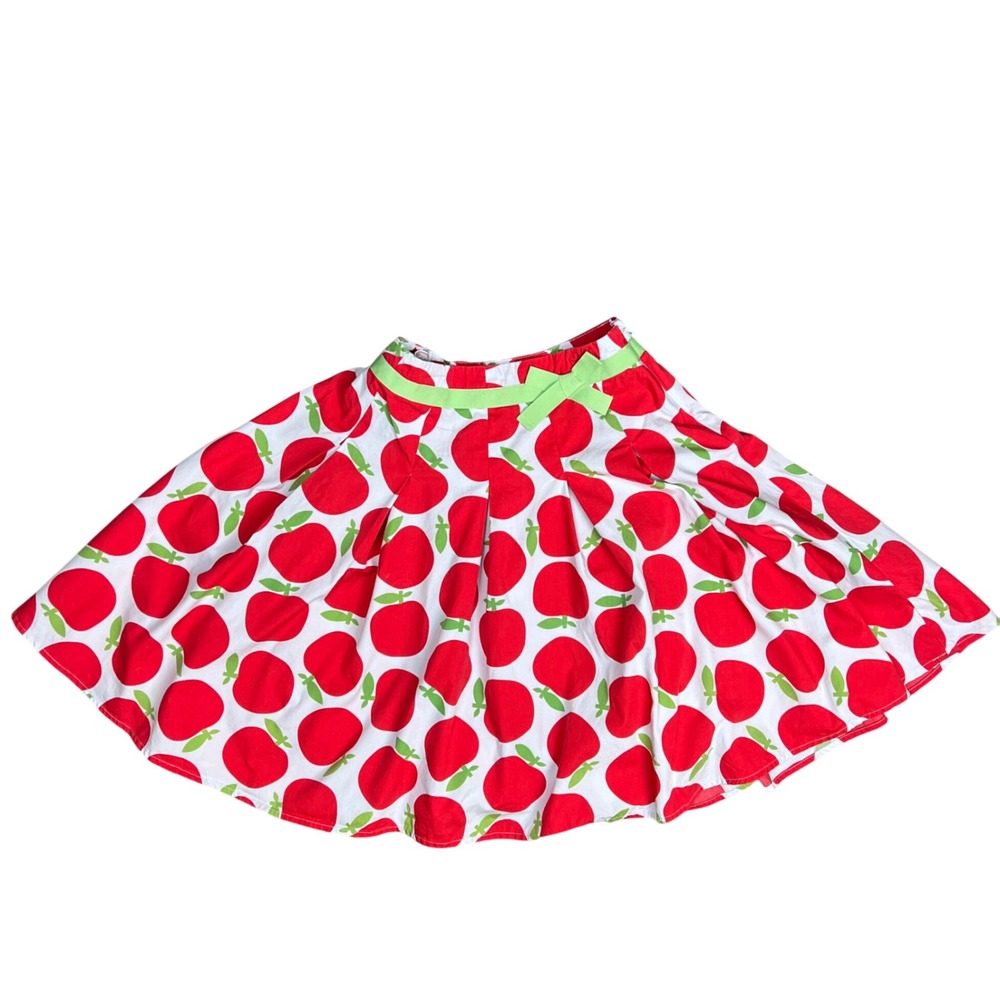 Mini Boden Girls Red Apple Print Pleated Cotton Skirt Green Bow Size 9-10Y